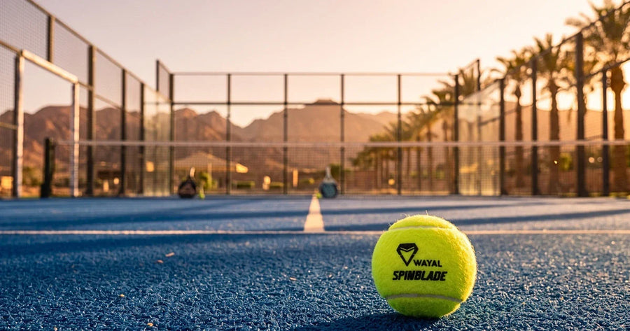 Balle WAYAL SpinBlade sur un terrain de padel marocain au coucher du soleil
