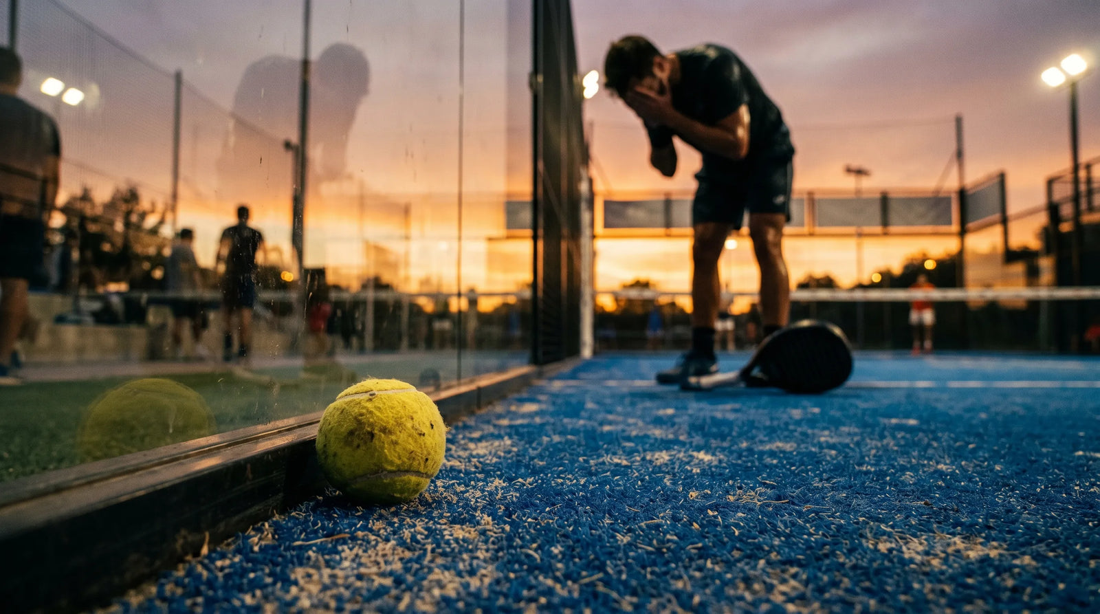 Joueur de padel epuise au coucher du soleil, balle usee
