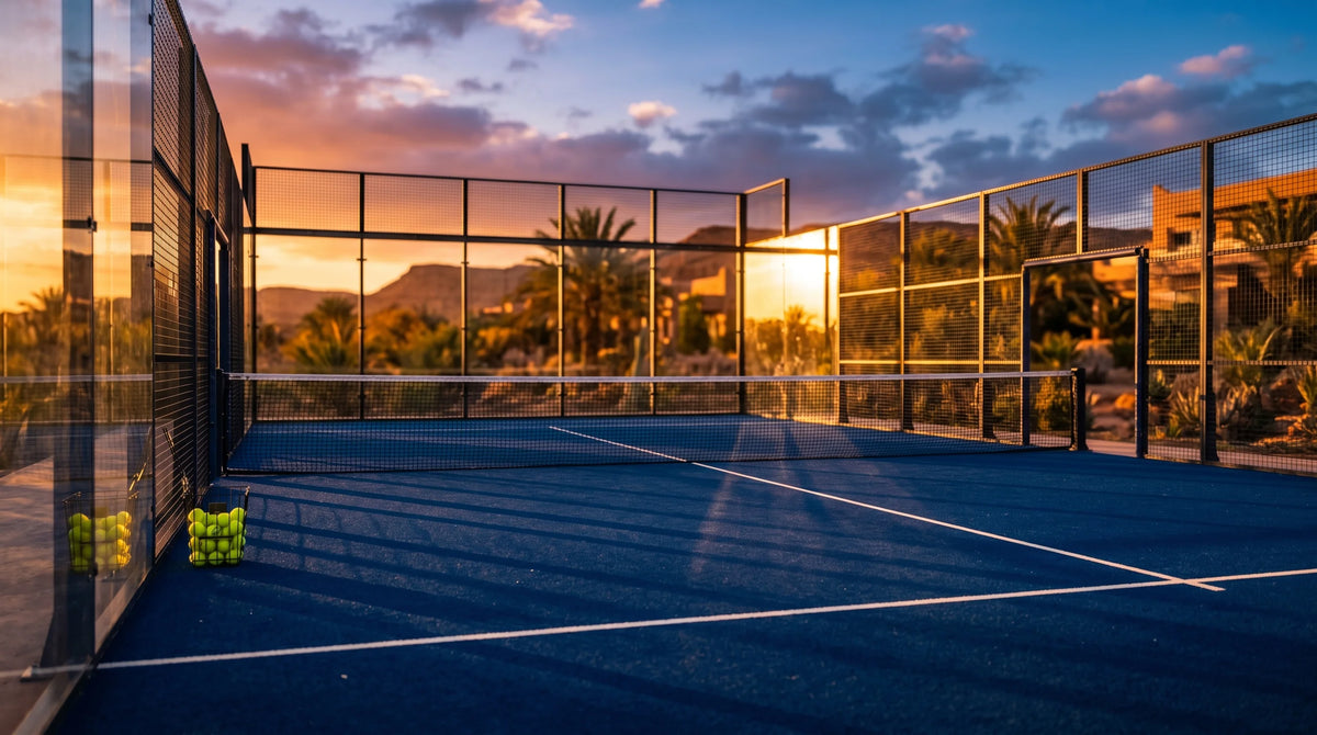 Outdoor padel courts in Dubai at sunset with players on glass-walled courts
