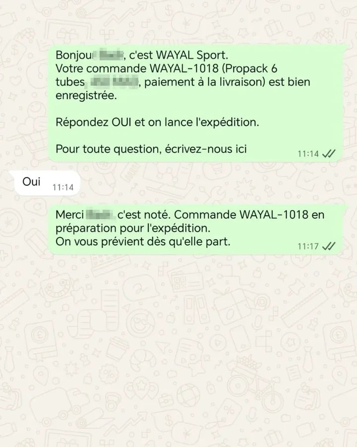 Une vraie confirmation de commande sur WhatsApp, nom et montant masqués